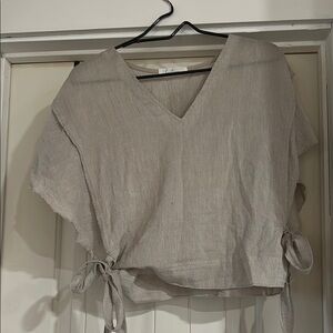 Cream Crop Blouse with V-Neck and Tie Front